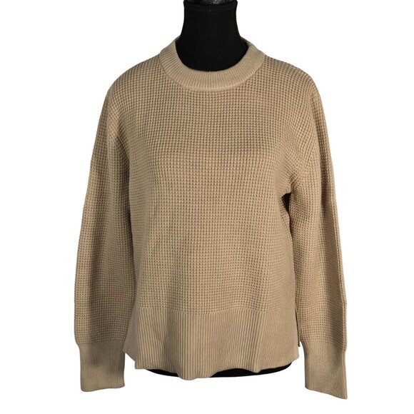 NWT | Tan Camel Waffle Knit Crewneck Sweater Pullover Long Sleeve Side Slit | Me - Picture 1 of 6